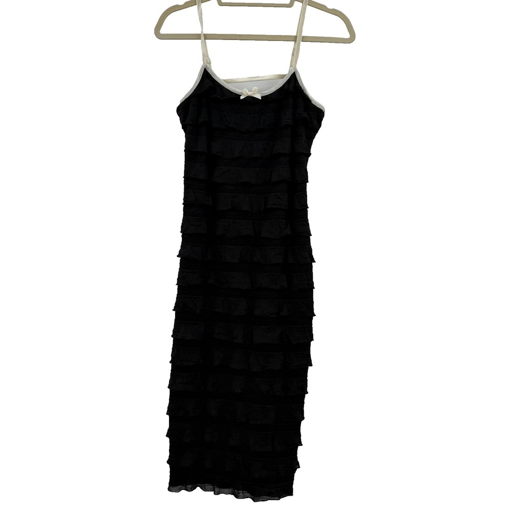 Womens Black Ruffle Midi Dress L Bodycon Coquette Soft Goth Y2K